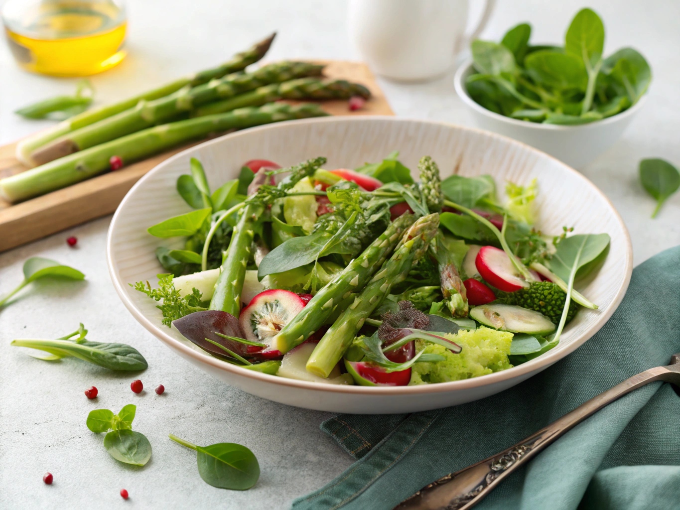 Lente salade met asperges en jonge blaadjes